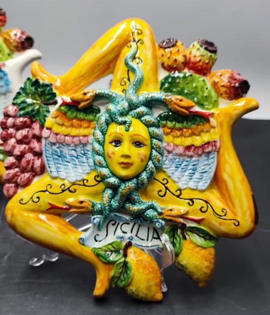 Hand-Painted Sicilian Trinacria – 30 CM" Ceramic Wall Decor from Caltagirone, Italy